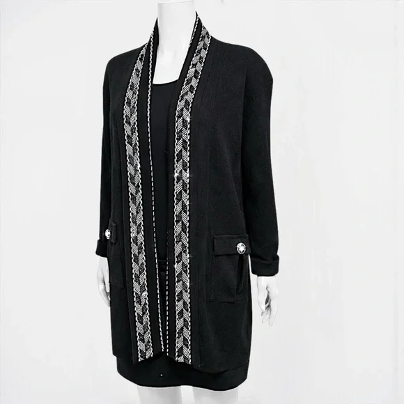 High Secret’s Black & White Crystal-Embellished Knit Sweater Jacket – Size XL - Picture 6 of 8
